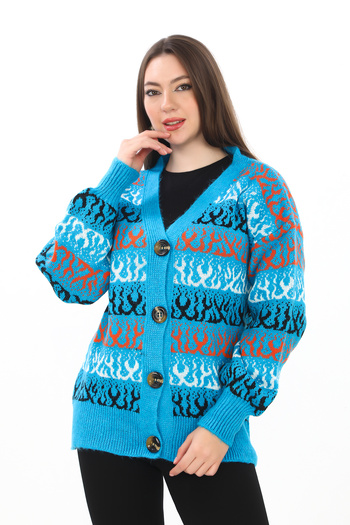 02Lady Fashion Flame Patterned Oversize Buttoned Knitted Detailed Knitwear Cardigan