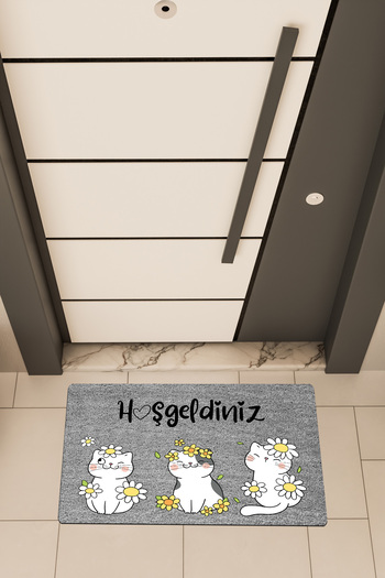 Dormot High Quality Digital Printing Grey, Cats with Daisies Theme Door Front Mat