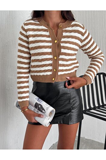 02Lady Fashion Retro Stripe Detailed Knitwear Cardigan