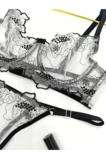 La Linaa Summer Black Women's Tulle Thong Pantyhose Bra Set