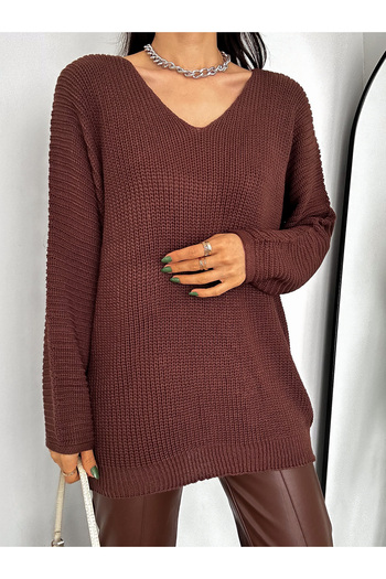 02Lady Fashion Women's Brown V-Neck Thessaloniki Knit Oversize Knitwear Sweater