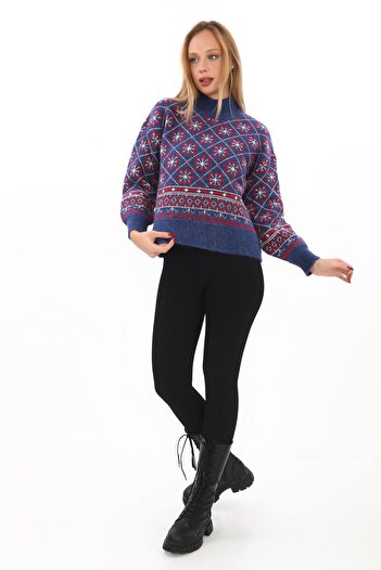02Lady Fashion Pulover supradimensionat cu model de zăpadă, tricotat moale, cu guler vertical