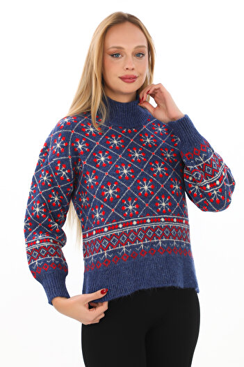 02Lady Fashion Pulover supradimensionat cu model de zăpadă, tricotat moale, cu guler vertical