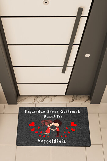 Dormot High Quality Digital Printing Black, Hearted Cute Couple Theme Door Front Mat
