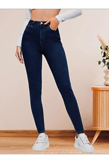 geenz manifacture Elite Lacivert Yüksek Bel Toparlayıcı Dar Paça Skinny Power Likralı Kot Pantalon