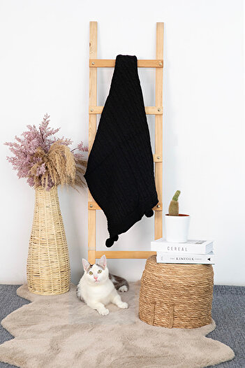 ART ÇEYİZ Pompom Knitted Knitted Tv Blanket (Sofa Shawl)