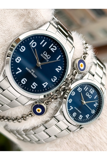 Q&Q Brand Silver Color Steel Band, Navy Blue Dial, Numeral Lover Watch + Bracelet Prayer Beads