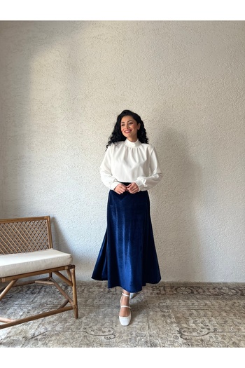 KÜÇÜĞÜM BUTİK Navy Blue Velvet Flared Skirt