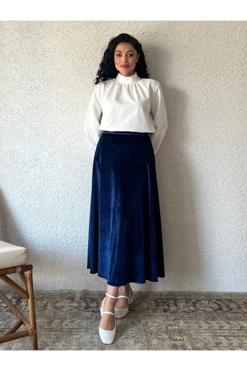 KÜÇÜĞÜM BUTİK Navy Blue Velvet Flared Skirt