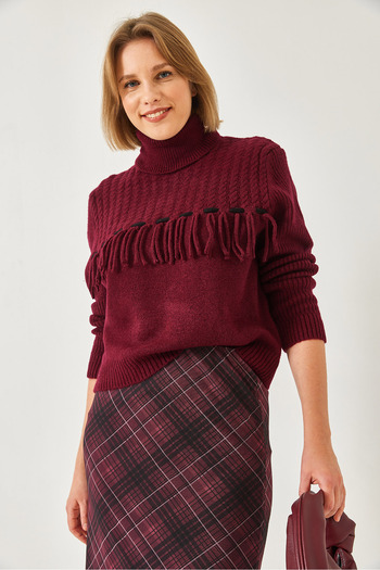 Bianco Lucci Women's Turtleneck Tasseled Knitwear Sweater 20246931