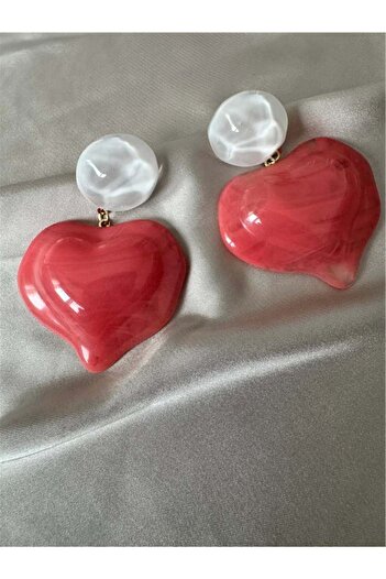 Pelin Aksesuar Pink White Stone Big Heart Earrings