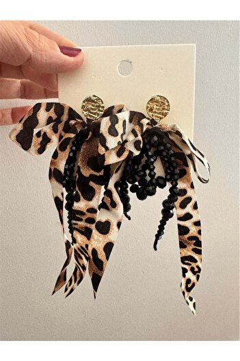 Pelin Aksesuar Leopard Bow Beaded Wide Earrings