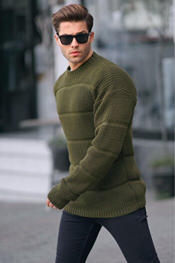 Madmext Khaki Crew Neck Knitted Sweater 6855