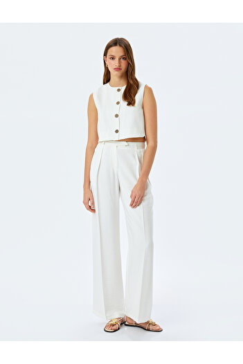 Koton Linen Blended Buttoned Round Neck Crop Vest