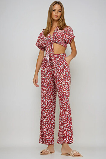 VAGGON Cinnamon Print Crop Blouse and Pocket Pants Women's Set - Prmx11745