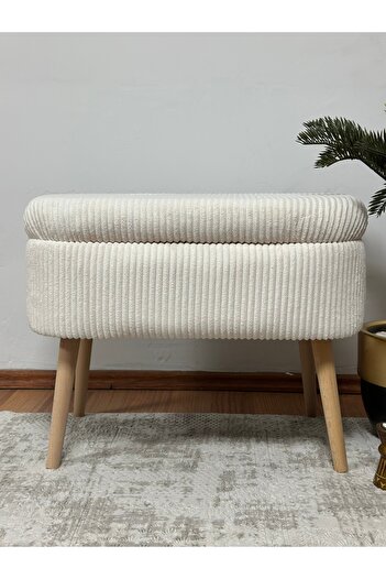 KOKİ DESİGN MİNİ OSLO İthal Premium Kumaş Fitilli Kadife Krem Sandıklı Bench Puf