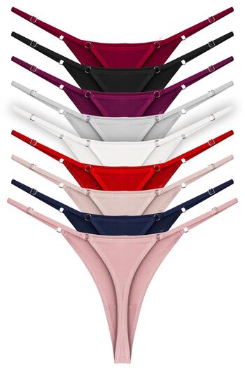 Cottonhill Basic Cotton Adjustable Waist Women's Thong Panties 9 Pack