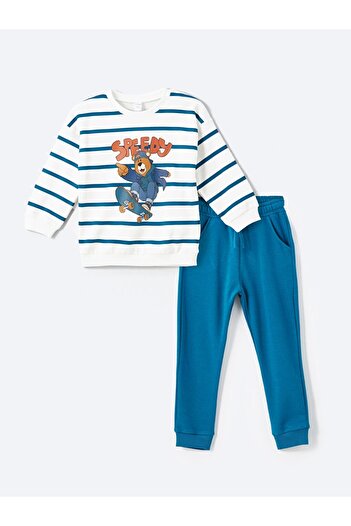 LC Waikiki Lcw Kids Beige Crew Neck Striped Boys Sweatshirt and Sweatpants Bottom 2 Pcs