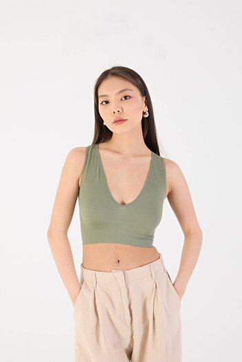 Addax Χοντρό λουρί χωρίς ραφή V-Neck Crop A0131-dk8