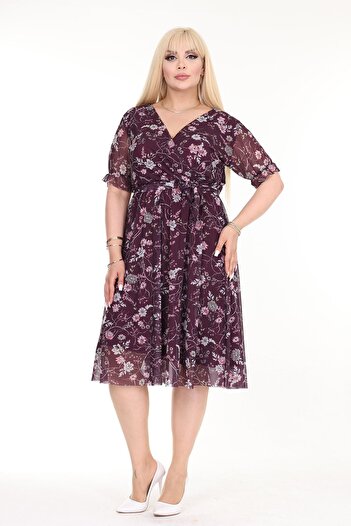 modayız Plus Size Patterned Double Breasted Collar Summer Dress - Short Sleeve 25b-2571