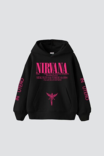 Sekizbiraltı Nirvana In Utero Pink Printed Oversize Unisex Μαύρο Hoodie