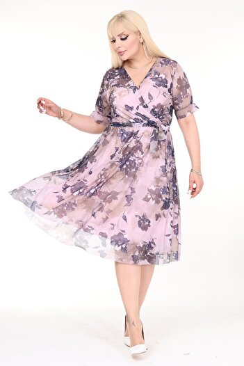 modayız Plus Size Patterned Double Breasted Collar Summer Dress - Short Sleeve 1b-2570