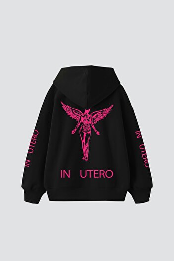 Sekizbiraltı Nirvana In Utero Pink Printed Oversize Unisex Μαύρο Hoodie