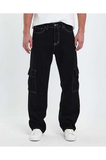 Oliggopol Men's Black Baggy Cargo Pants White Stitching Detail Casual Fit Cargo Baggy with Pockets