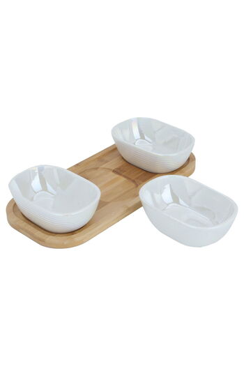 Alsaif Gallery Saif Gallery Porcelain Yogurt Set, 3 Pieces, Deep Oval, with Wooden Dish - White