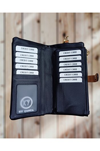 KY Portofel de damă din piele moale albastră - Suport card de dimensiuni mari