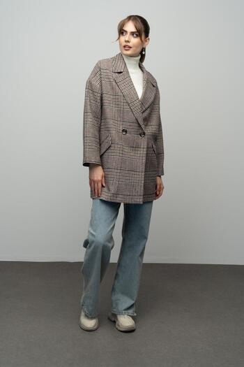 Olcay Kıremıt 3020 - Plaid Patterned Double Breasted Oversize Coat