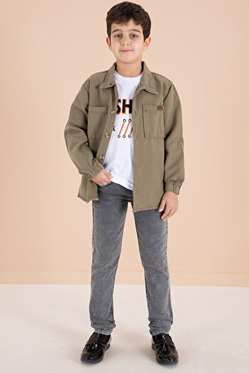 Cansın Mini Boy's 3-Piece Khaki Set - Shirt, Jean Pants and Button Detail 19970
