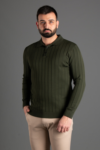 HAKİ Intelligent Exclusive Men's Khaki Textured Striped Polo Trick Sweater
