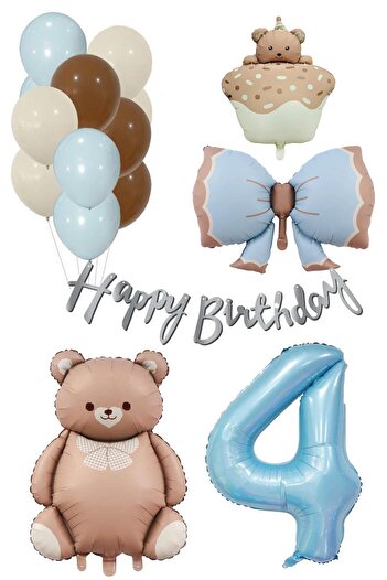 Patladı Gitti Retro 4 Year Old Teddy Bear Themed Baby Boy Concept Birthday Set