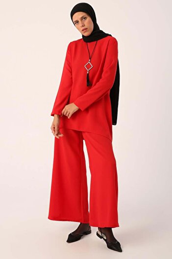 ALLDAY Red Necklace Wide Leg Trousers Tunic Suit