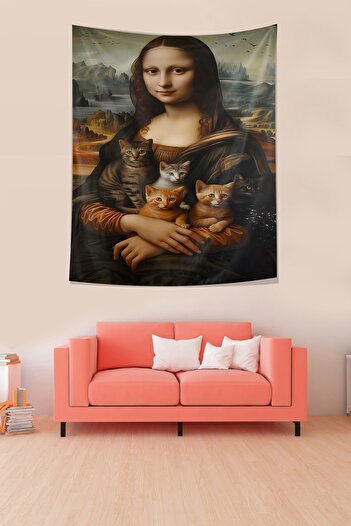 on the clouds Mona Lisa with Cats Stain-Proof Fabric Wall Cover Wall Tapestry Tapestry