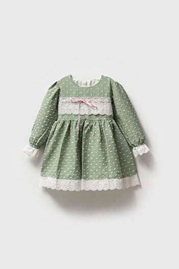 Magu Bow Print Cotton Lined Lace Dress Girl