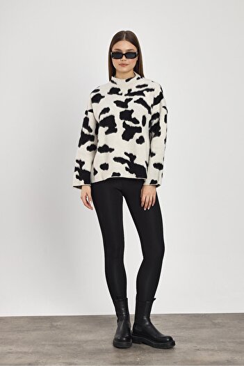 Rays 24371 - Pulover cu guler vertical, negru, leopard