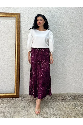 KÜÇÜĞÜM BUTİK Burgundy Long Sequin Skirt