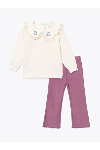 LC Waikiki Lcw Baby Ecru Crew Neck Baby Girl Sweatshirt and Leggings 2Pcs