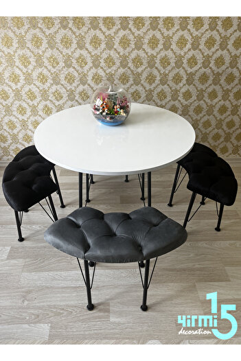 Yirmi15 Beyaz Yuvarlak Masalı Bench Takımı Bench & Puf takımı Beyaz  Masa Füme-Siyah Bench