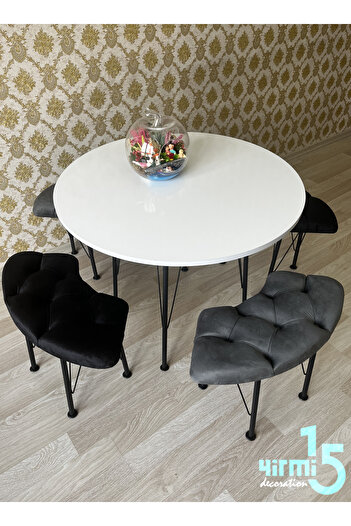Yirmi15 Beyaz Yuvarlak Masalı Bench Takımı Bench & Puf takımı Beyaz  Masa Füme-Siyah Bench