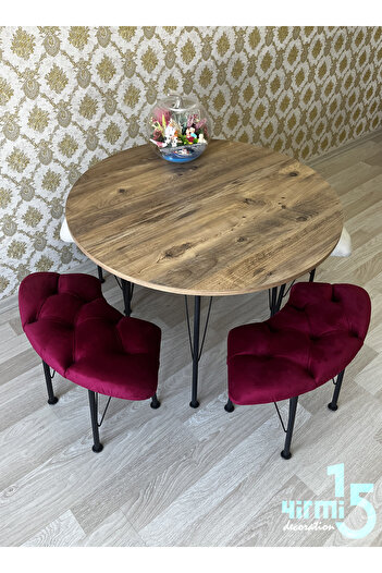 Yirmi15 Atlantik Çam Yuvarlak Masalı Bench Takımı Bench & Puf takımı Ahşap Masa Krem-Bordo Bench