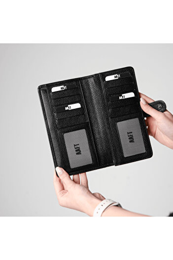 Deriza Twist 2323 - Unisex Black Genuine Leather Wallet with Phone Compartment