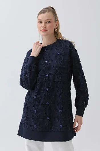 Puane Women's Shiny Dark Navy Blue Tunic with Sequin and Floral Embroidered Tulle Detail 20604
