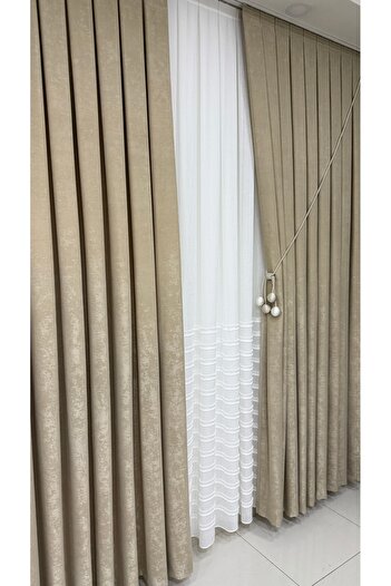 Fon Dünyası Velvet Textured Luxury Background Curtain Beige Tight Pleat (Single Wing)
