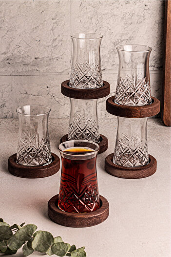 Snippy Milla 6-Piece Glass Tea Set 12-Piece Glass Tea Set with Wooden Base 6-Person Tea Plate