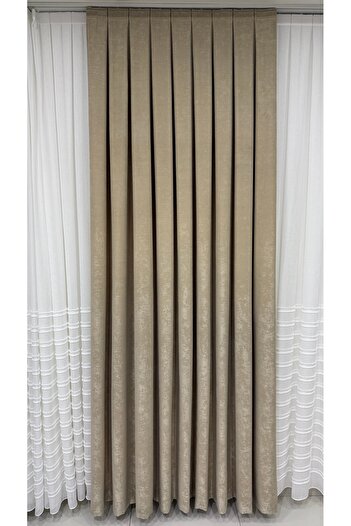 Fon Dünyası Velvet Textured Luxury Background Curtain Beige Tight Pleat (Single Wing)