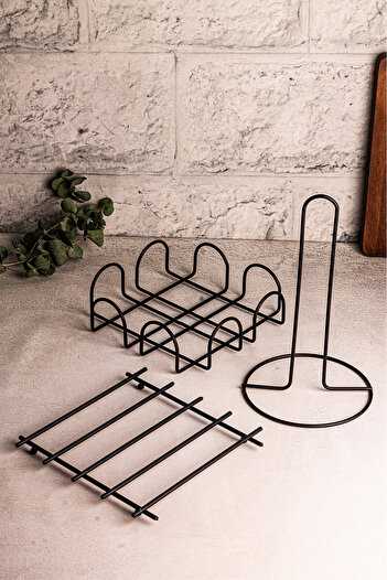 Snippy 3-Piece Black Tableware Set - Presentation Holder, Roll, Napkin Holder and Trivets Bread Kitchen Organizer