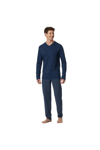 Schiesser Herren Schlafanzug, lang - Casual Essentials, Baumwolle, V-Ausschnitt